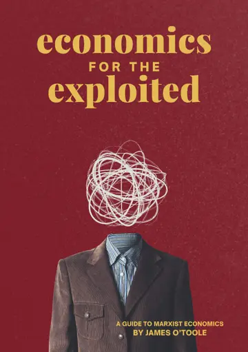 Cover of the book. It's red and featuring a suited person with their head replace by a bundle of confusion. The top of the page shows the title, Economics for the exploited, and the bottom of the page shows the subtitle A Guide to Marxist Economics.