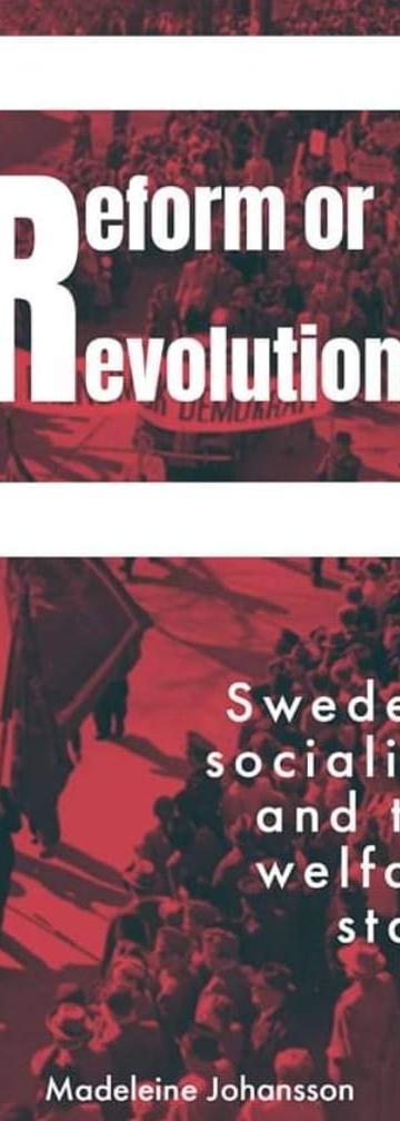 The cover of the book, with the title overlaying a red hued picture of a march in Sweden