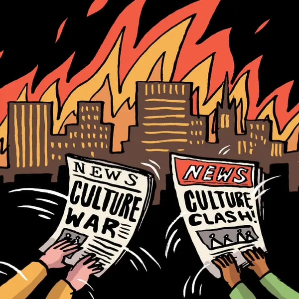 Cartoon image of city burning while people fan the flames with newspapers saying culture war