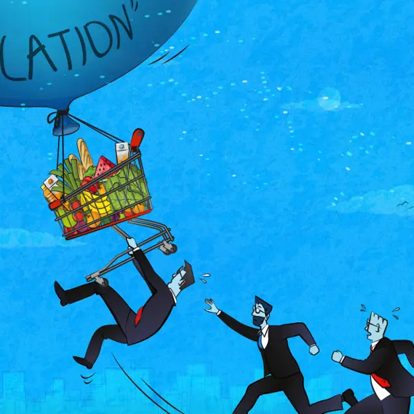 inflation cartoon showing men in suits chasing baloon
