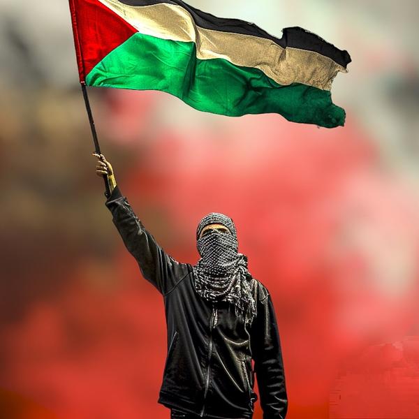 Palestinian holds up flag