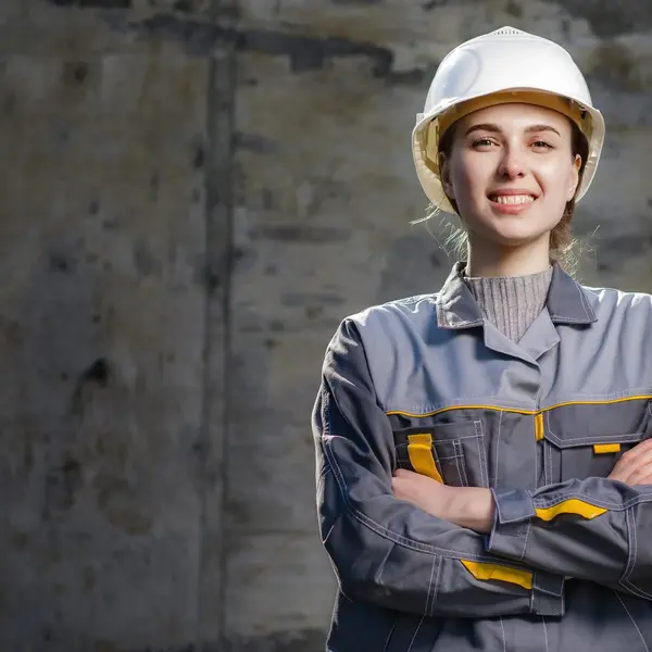 Female construction worker wearing hard hat